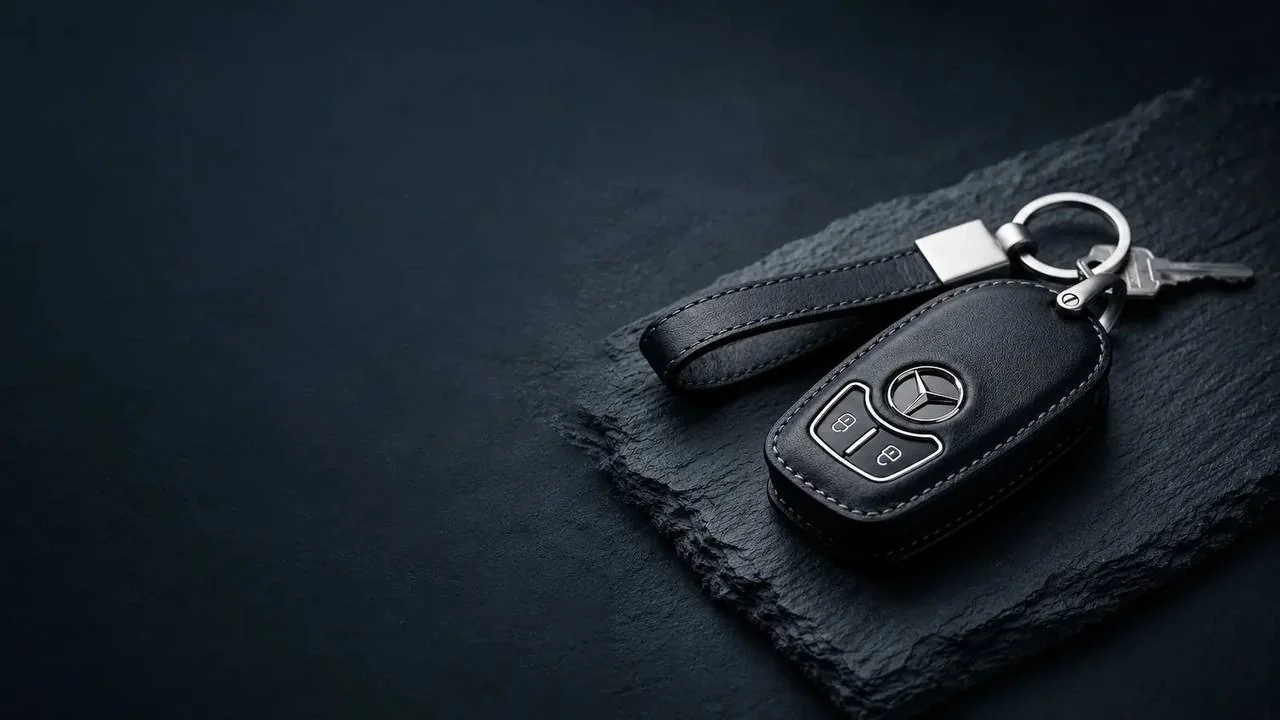 Ключ за Mercedes-Benz в кожен калъф върху каменна плоча