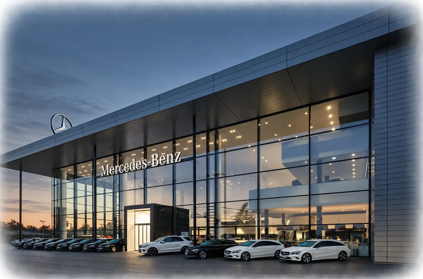 Официален салон на Mercedes-Benz със стъклена фасада и автомобили отпред